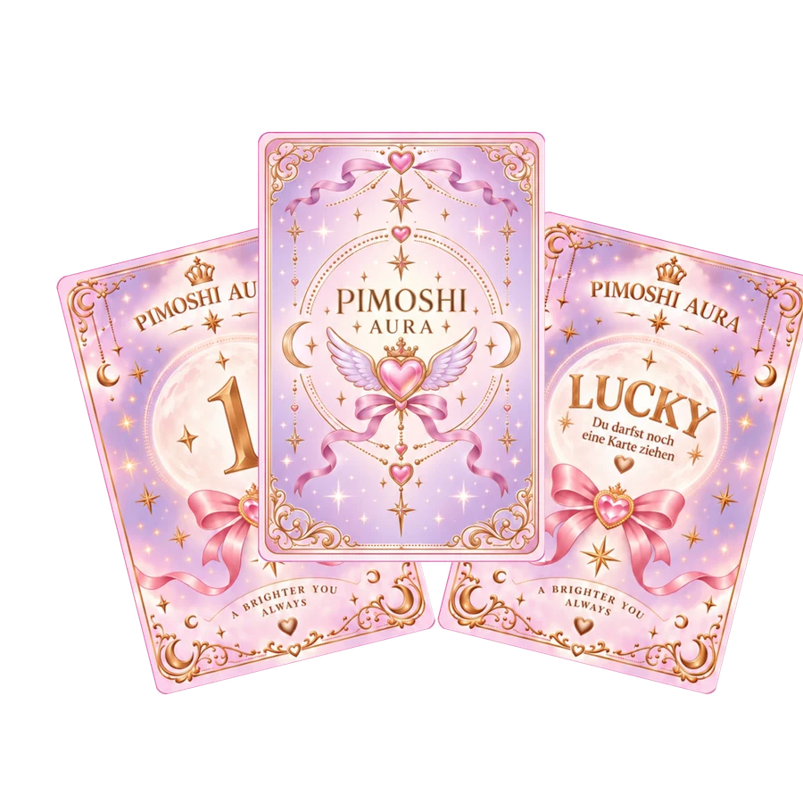 PIMOSHI-Aura-Karten in Rosa, Lavendel und Gold mit Sternen, Monden und Herzschleifen