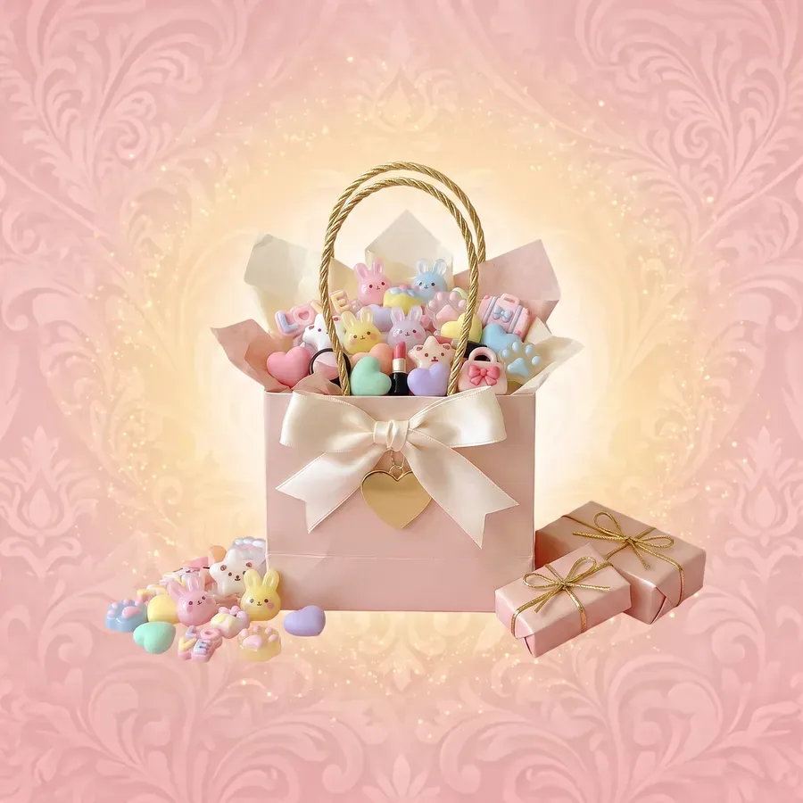Eine rosa Geschenktuete mit Goldkordel und cremefarbener Schleife, gefuellt mit bunten Charms, daneben zwei kleine Paeckchen