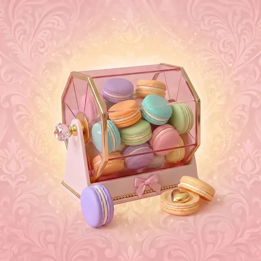 Eine rosa Acryl-Trommel voller pastellfarbener Macarons, davor ein geoeffnetes Macaron mit einem goldenen Herz darin