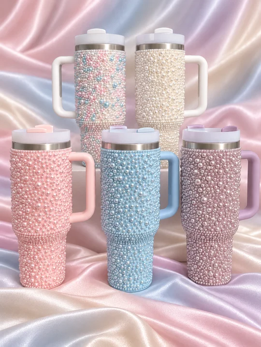 Die fünf PIMOSHI Trinkbecher in Rosa, Eisblau, Flieder, Perlweiss und bunten Pastellfarben